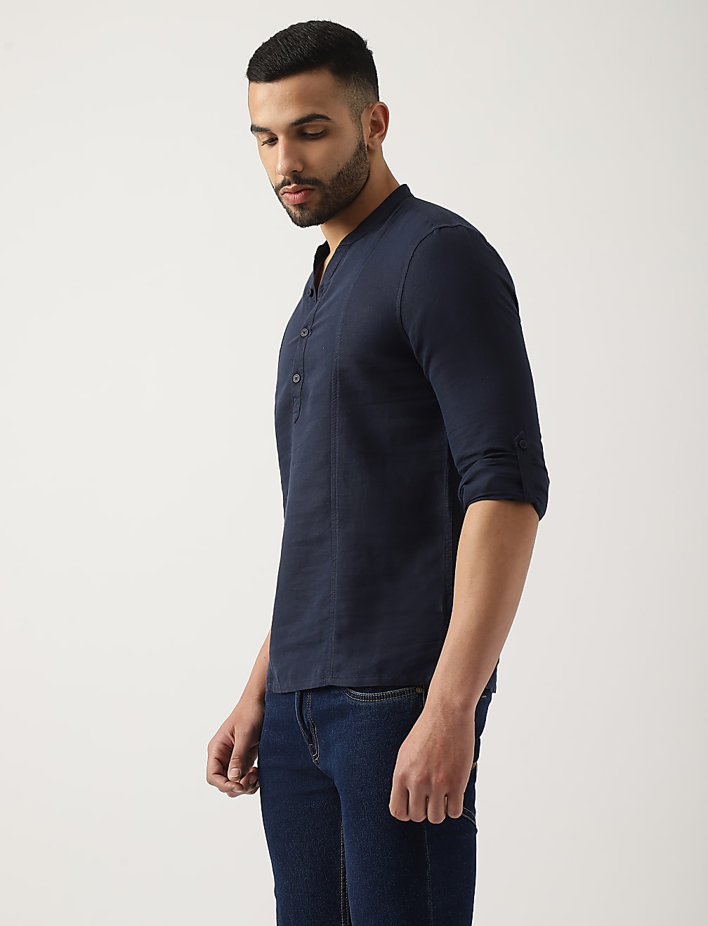 Linen Mix Plain Mandarin Collar Shirt