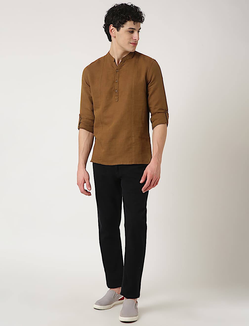 Linen Mix Plain Mandarin Collar Shirt