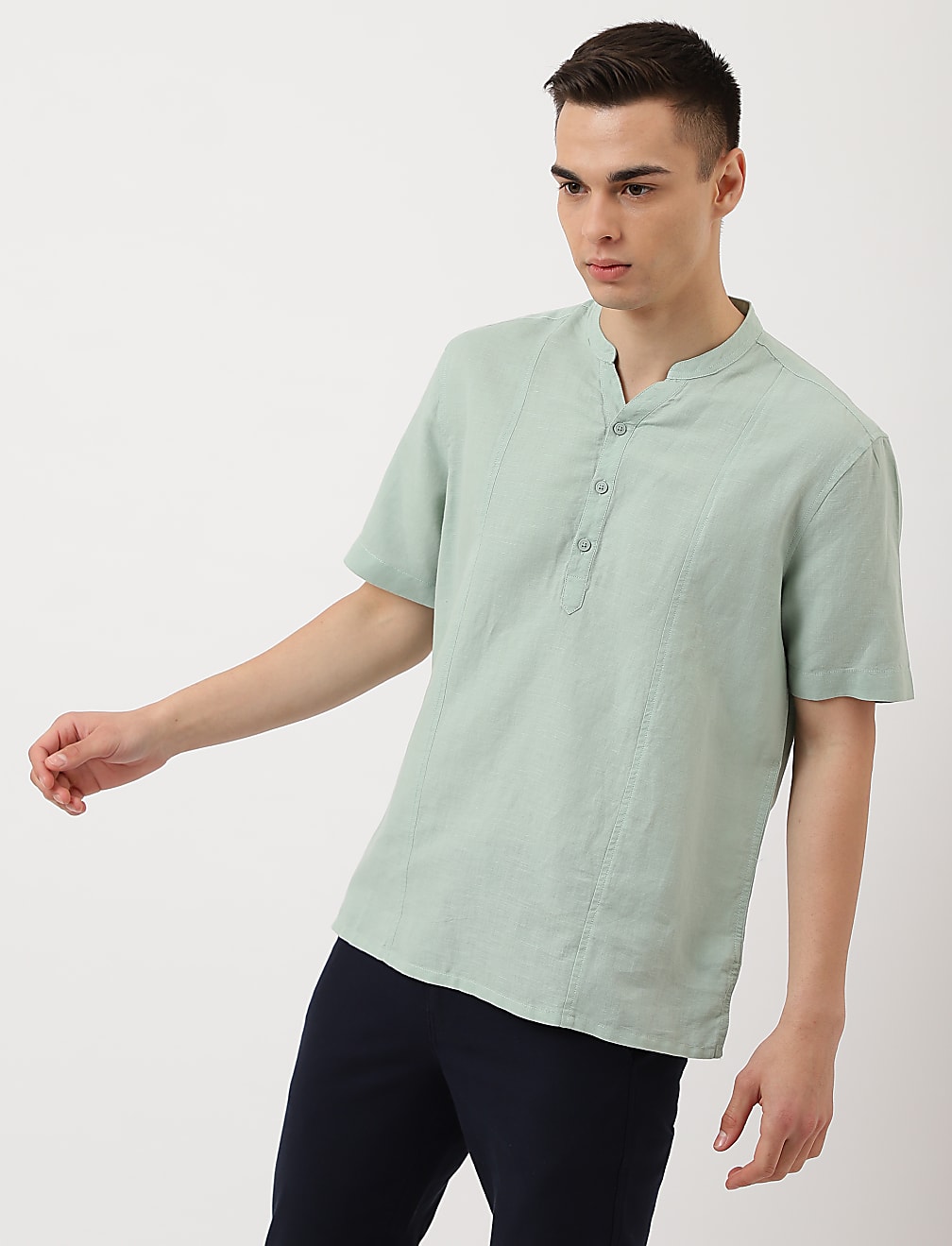 Linen Mix Plain Mandarin Collar Shirt