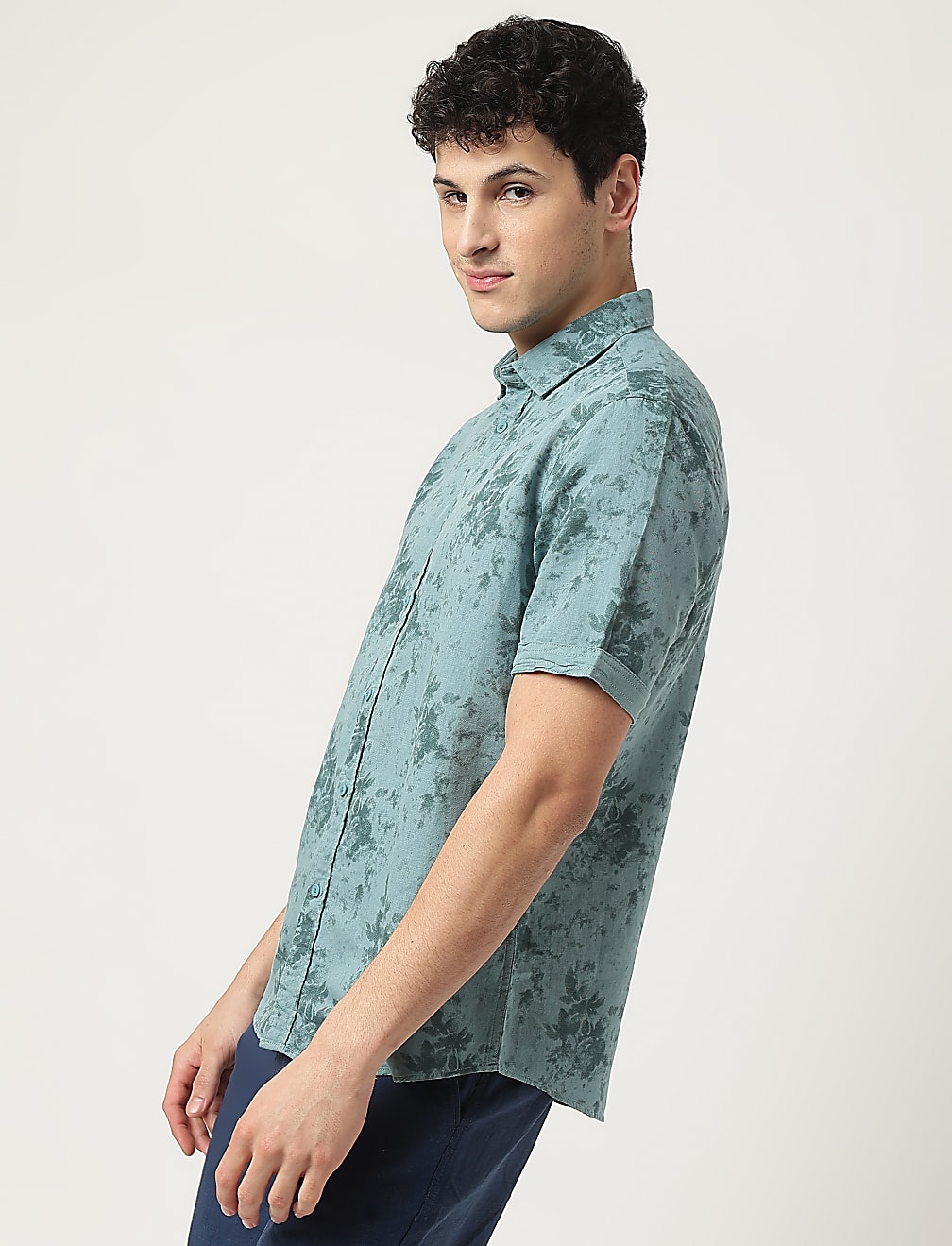 Linen Mix Floral Spread Collar Casual Shirt