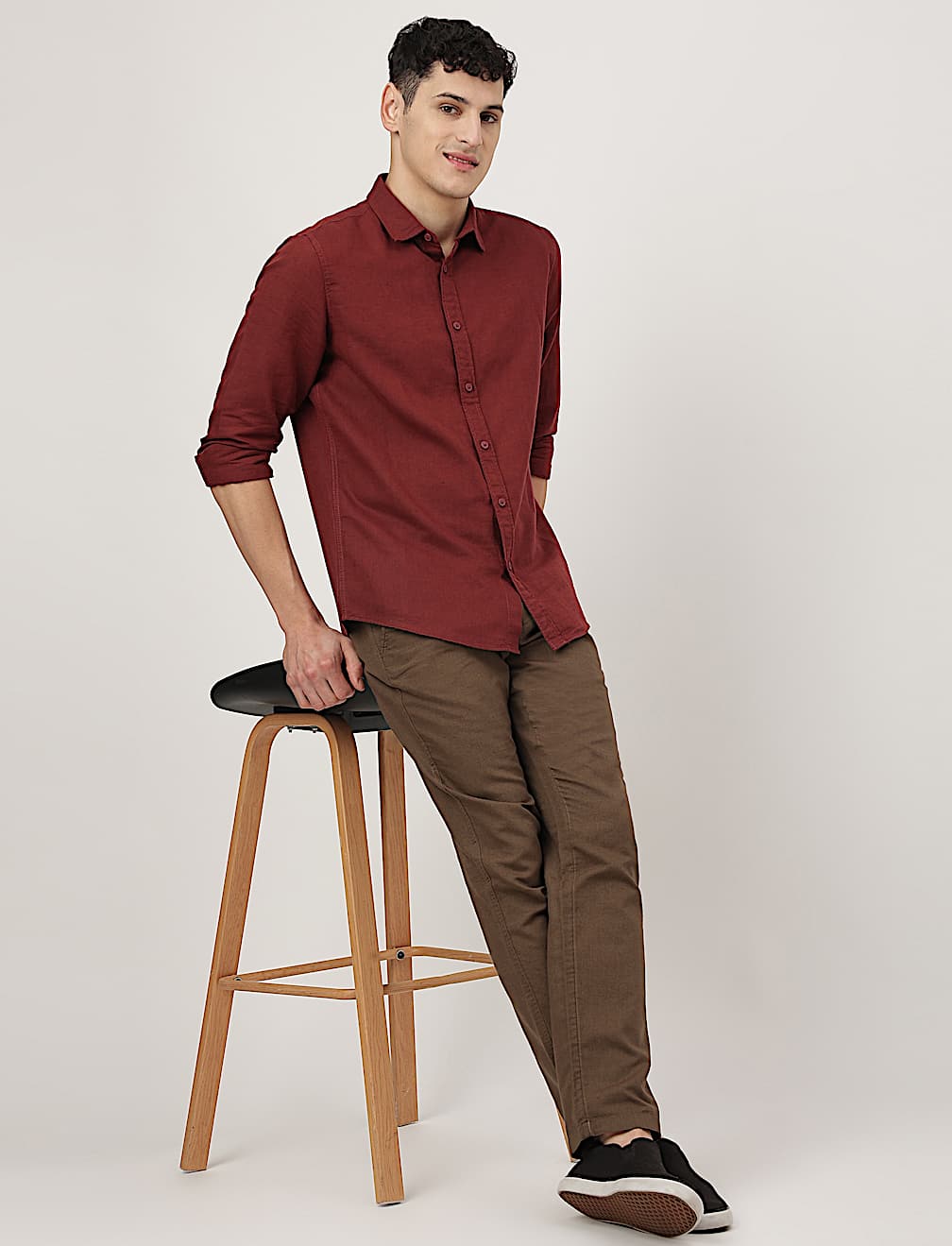 Linen Mix Plain Spread Collar Shirt