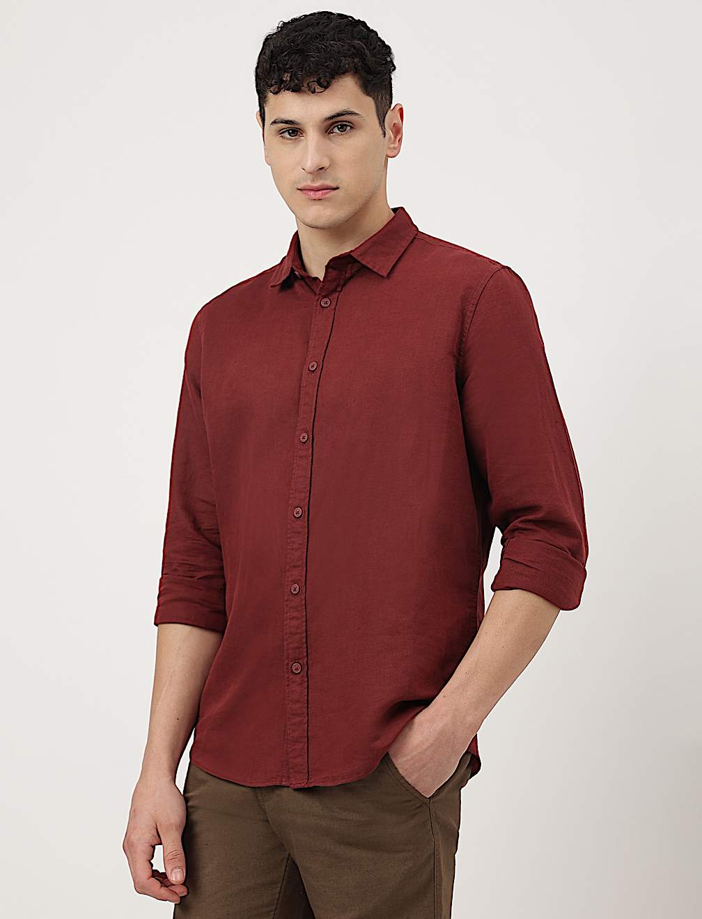Linen Mix Plain Spread Collar Shirt