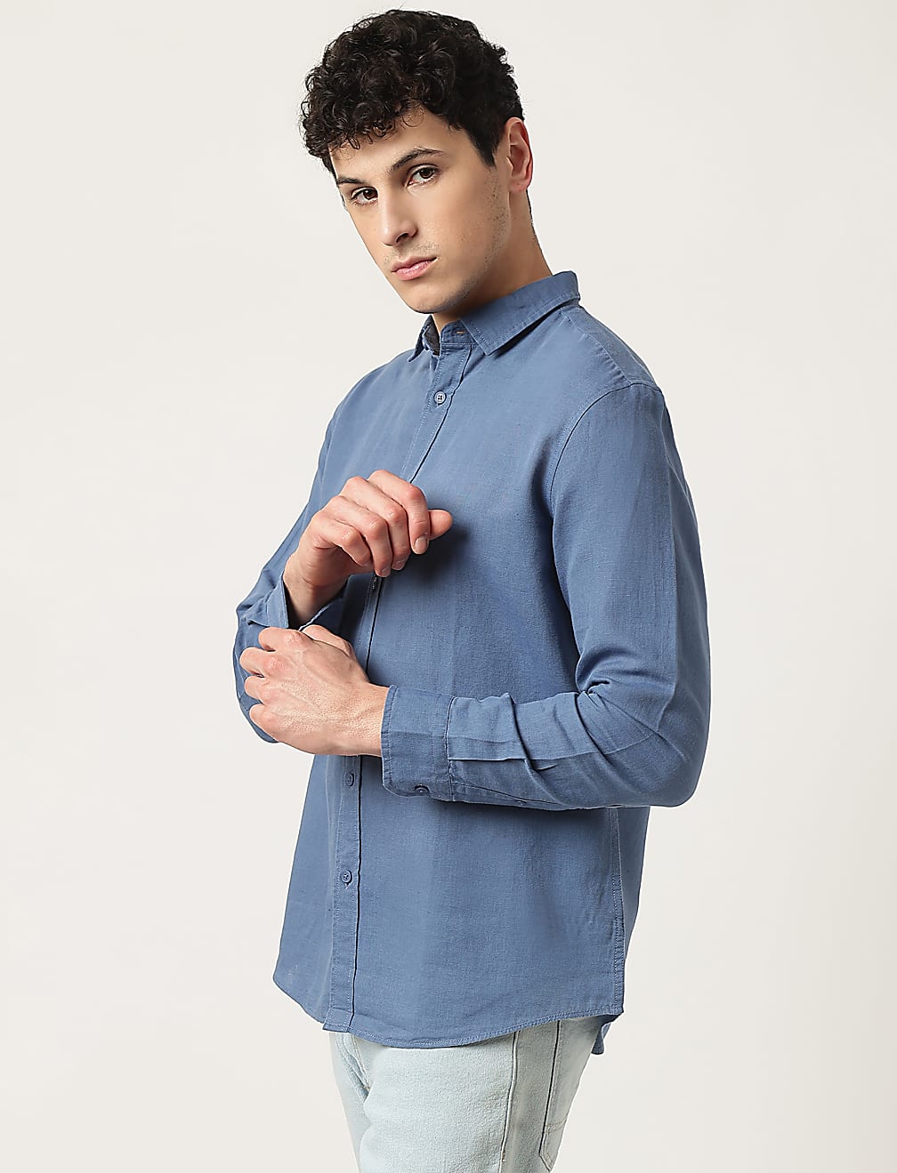Linen Mix Plain Spread Collar Shirt