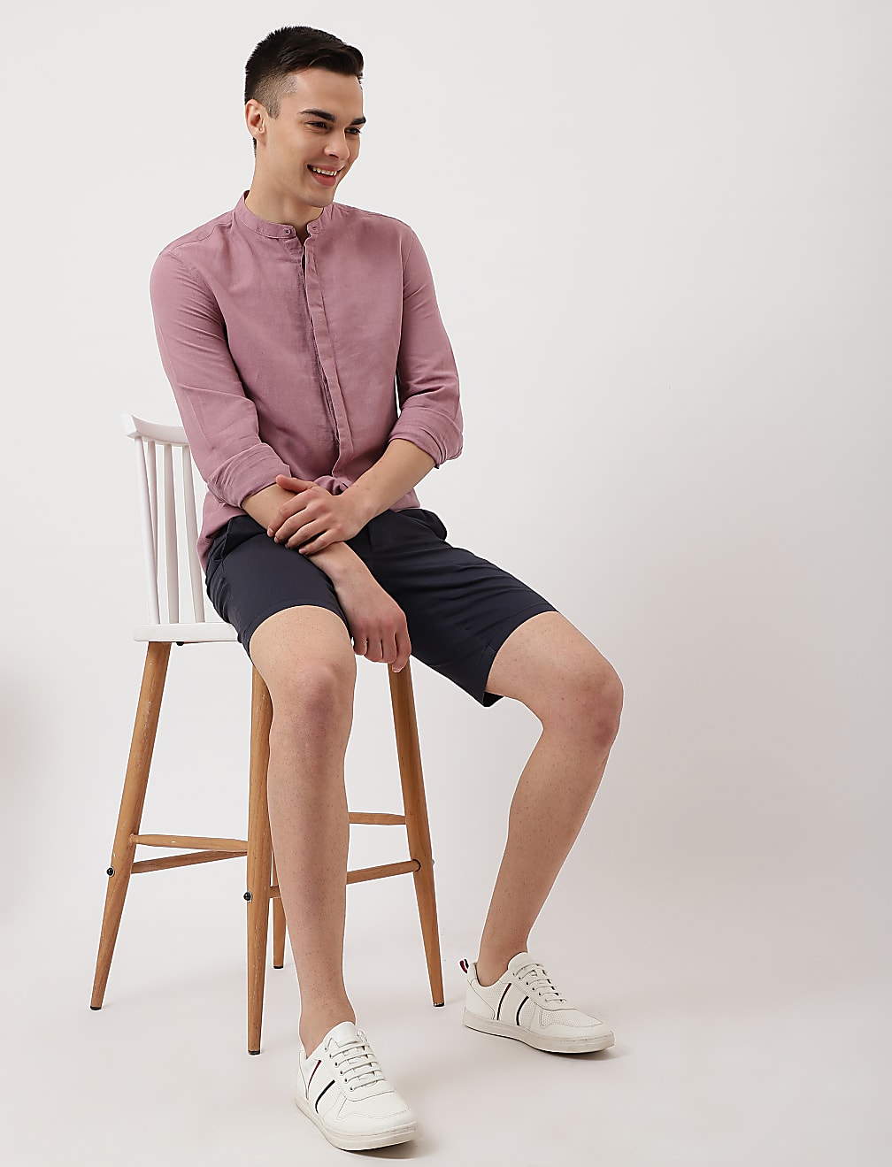 Linen Mix Plain Mandarin Collar Shirt