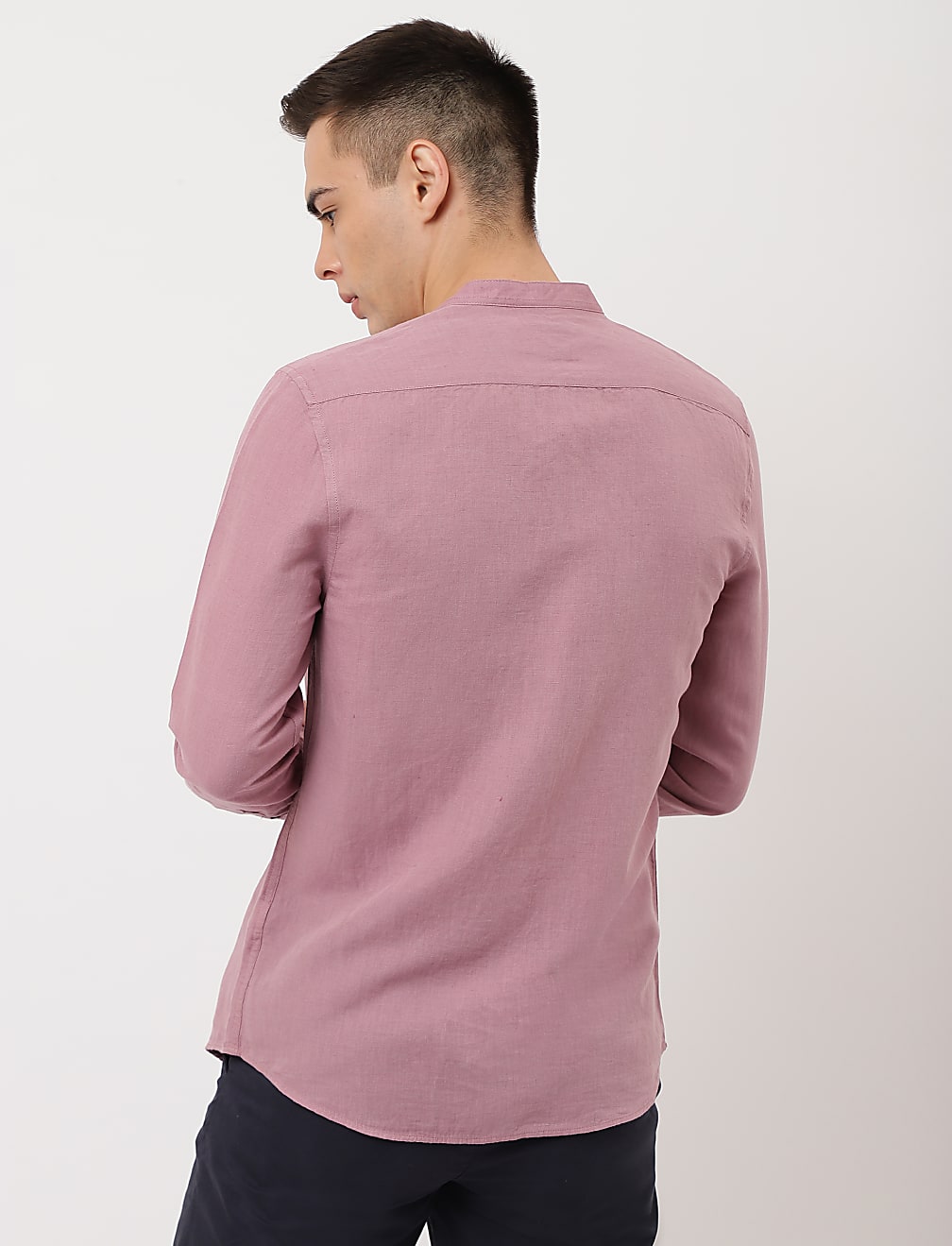 Linen Mix Plain Mandarin Collar Shirt
