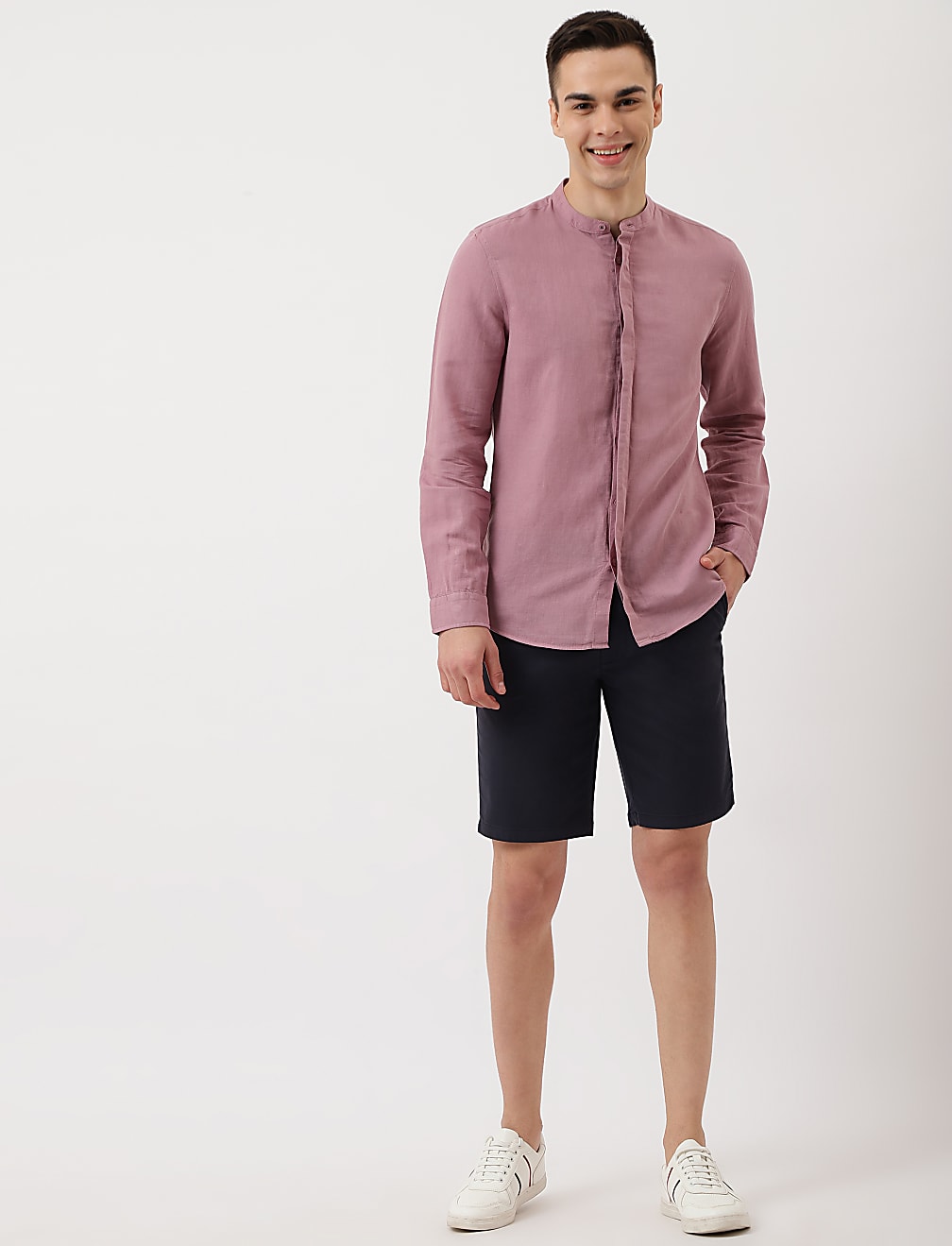 Linen Mix Plain Mandarin Collar Shirt