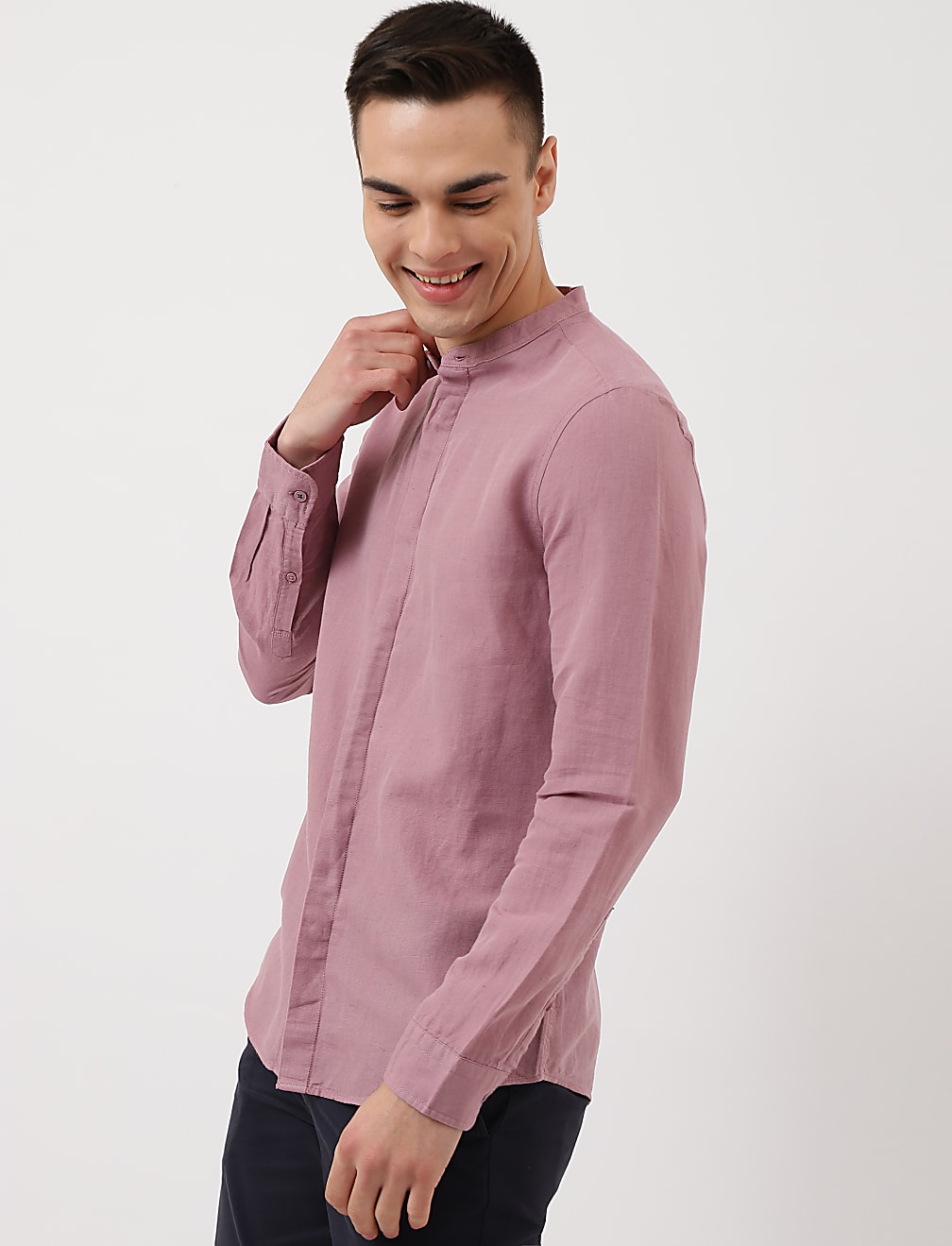 Linen Mix Plain Mandarin Collar Shirt