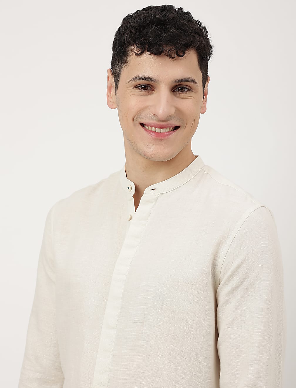 Linen Mix Plain Mandarin Collar Shirt