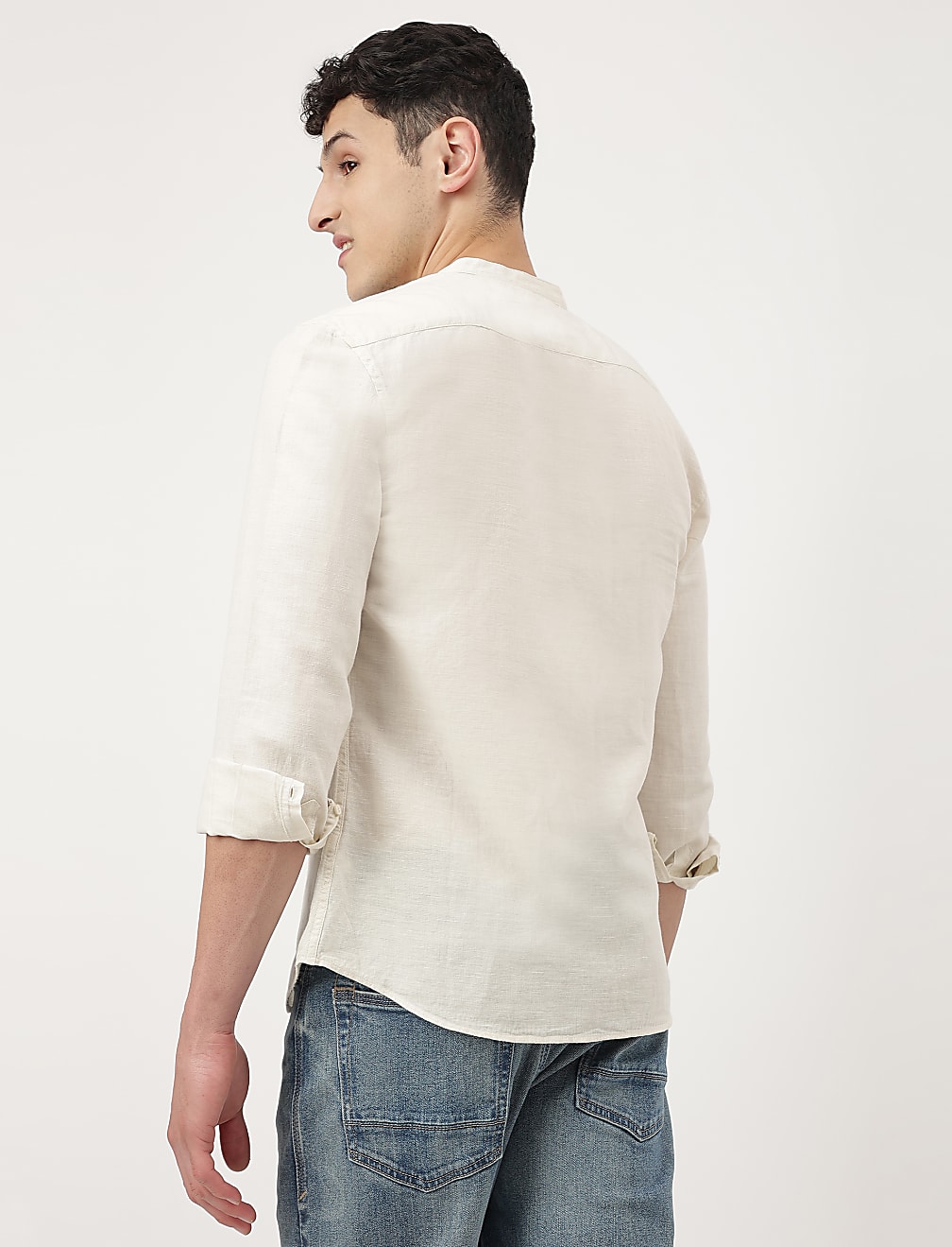 Linen Mix Plain Mandarin Collar Shirt