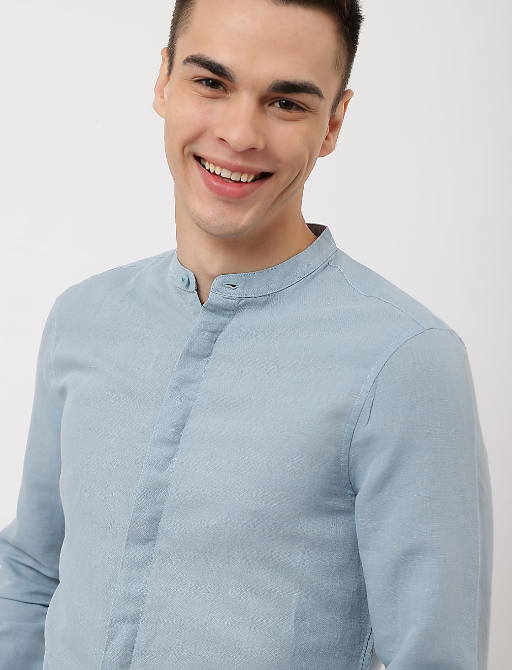 Linen Mix Plain Mandarin Collar Shirt