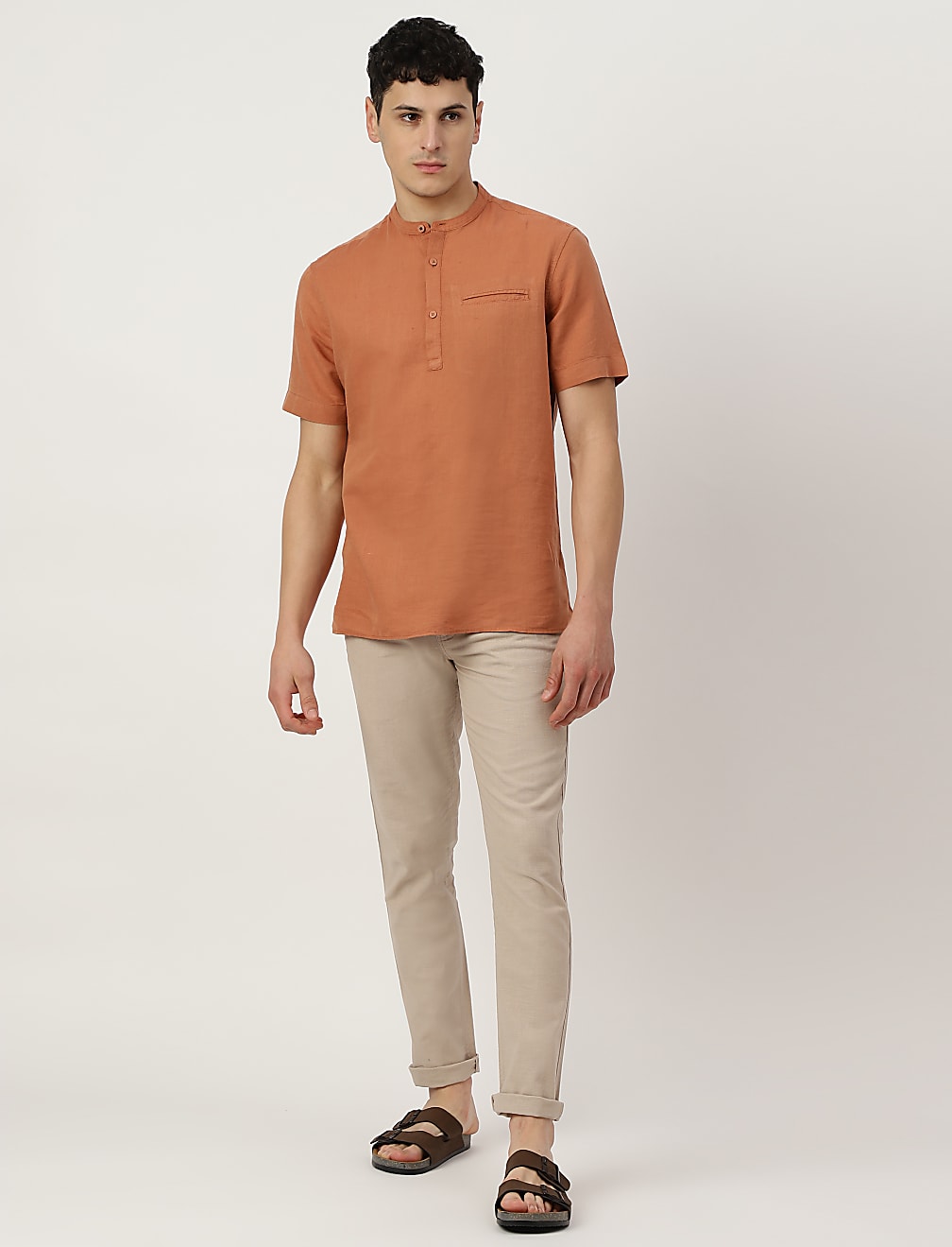 Linen Mix Plain Mandarin Collar Short Kurta