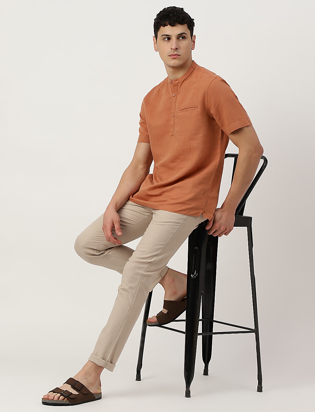 Linen Mix Plain Mandarin Collar Short Kurta