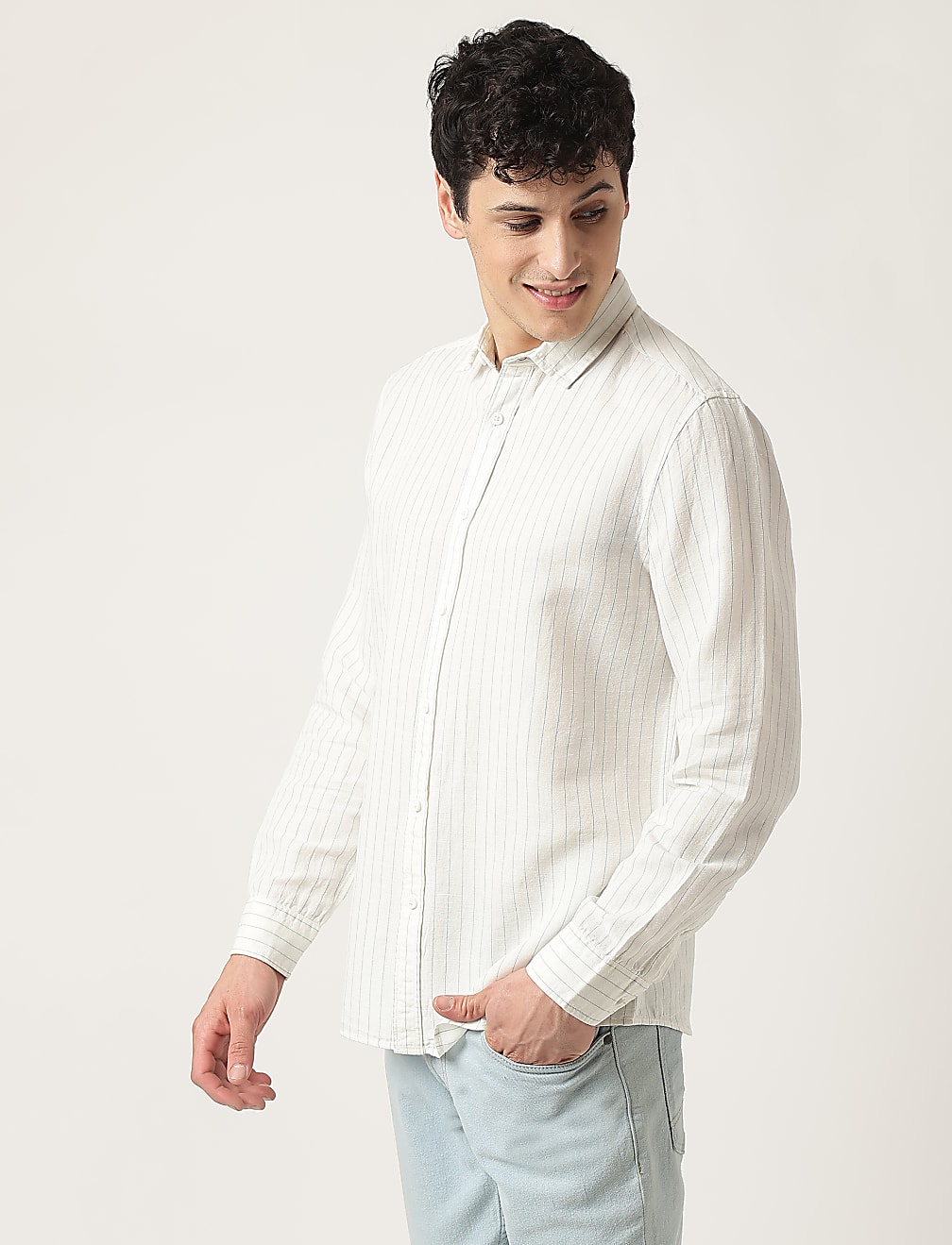 Cotton Mix Stripes Spread Collar Shirt