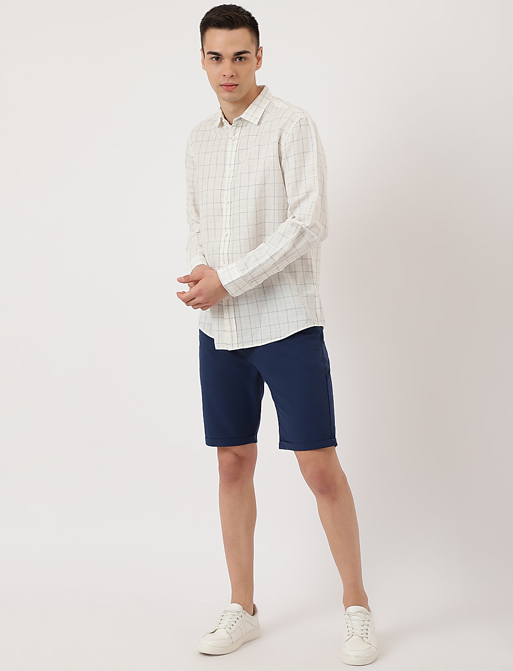Cotton Mix Checked Spread Collar Shirt