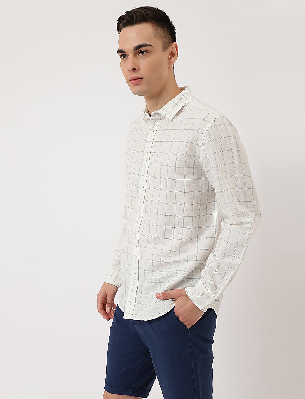 Cotton Mix Checked Spread Collar Shirt