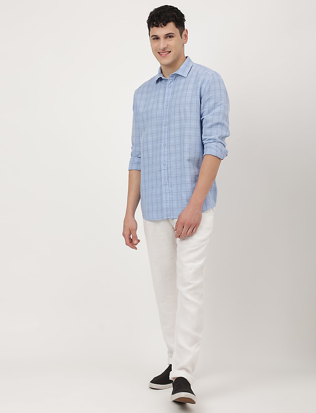 Cotton Mix Checked Spread Collar Shirt