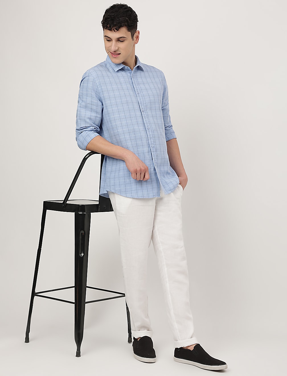 Cotton Mix Checked Spread Collar Shirt