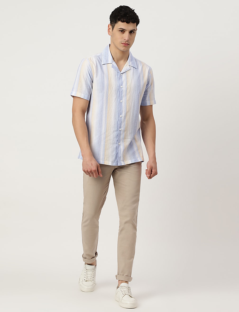 Cotton Mix Striped Spread Collar Shirt