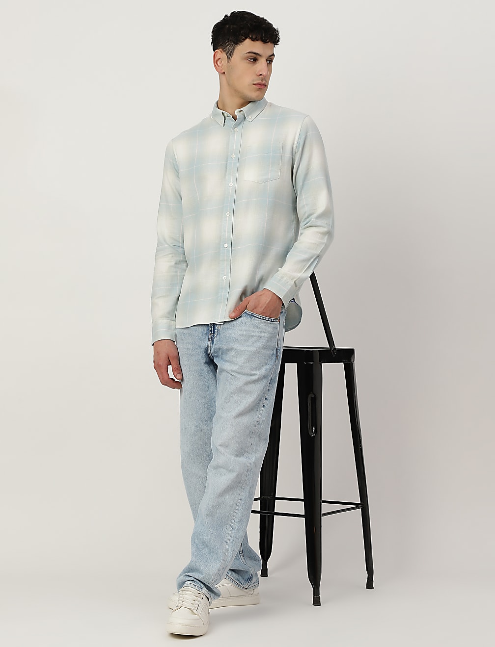Pure Cotton Checked Spread Collar Shirt