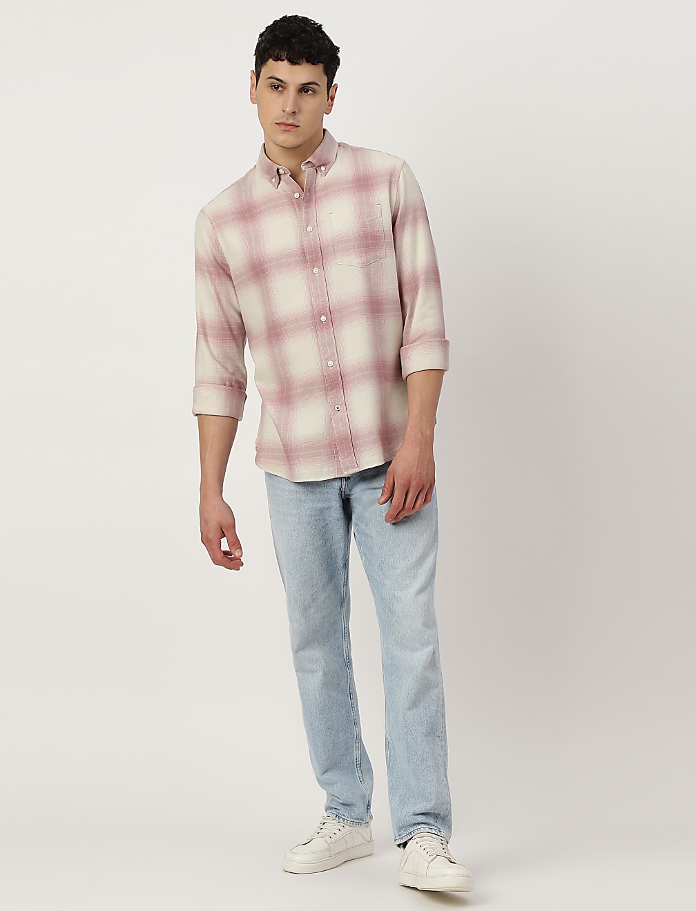 Pure Cotton Checked Spread Collar Shirt