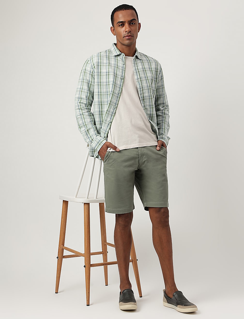 Relaxed Fit Cotton Flax Blend Checked Shirt