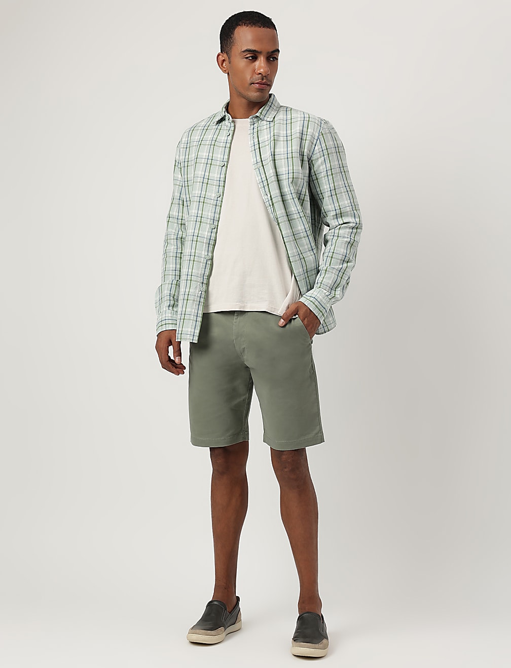 Relaxed Fit Cotton Flax Blend Checked Shirt