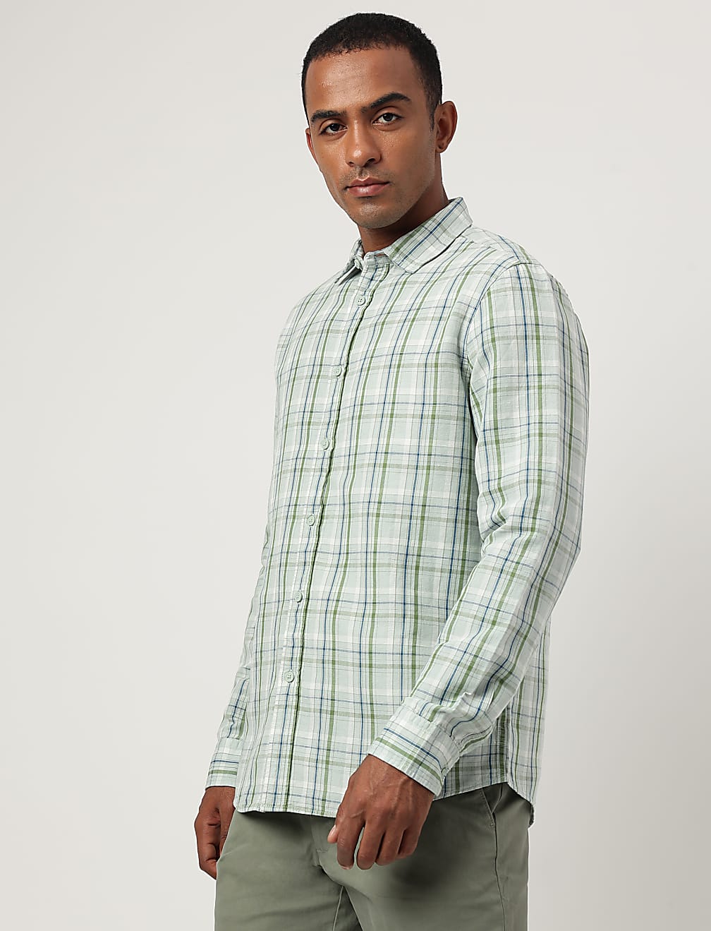 Relaxed Fit Cotton Flax Blend Checked Shirt