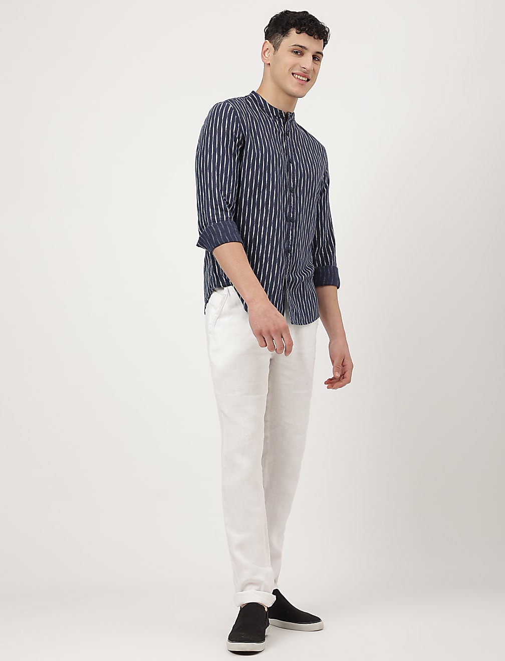 Linen Mix Printed Mandarin Collar Shirt
