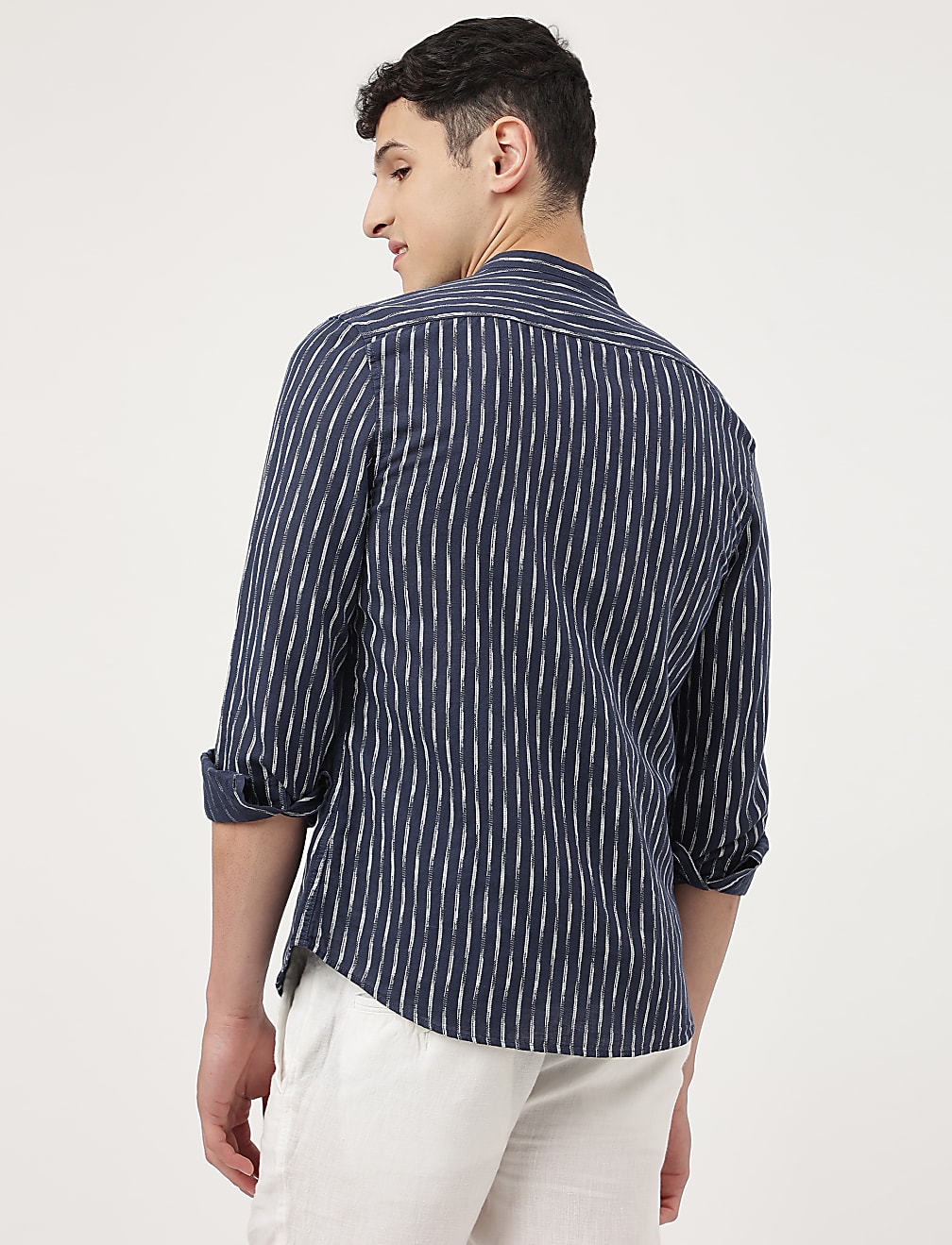 Linen Mix Printed Mandarin Collar Shirt