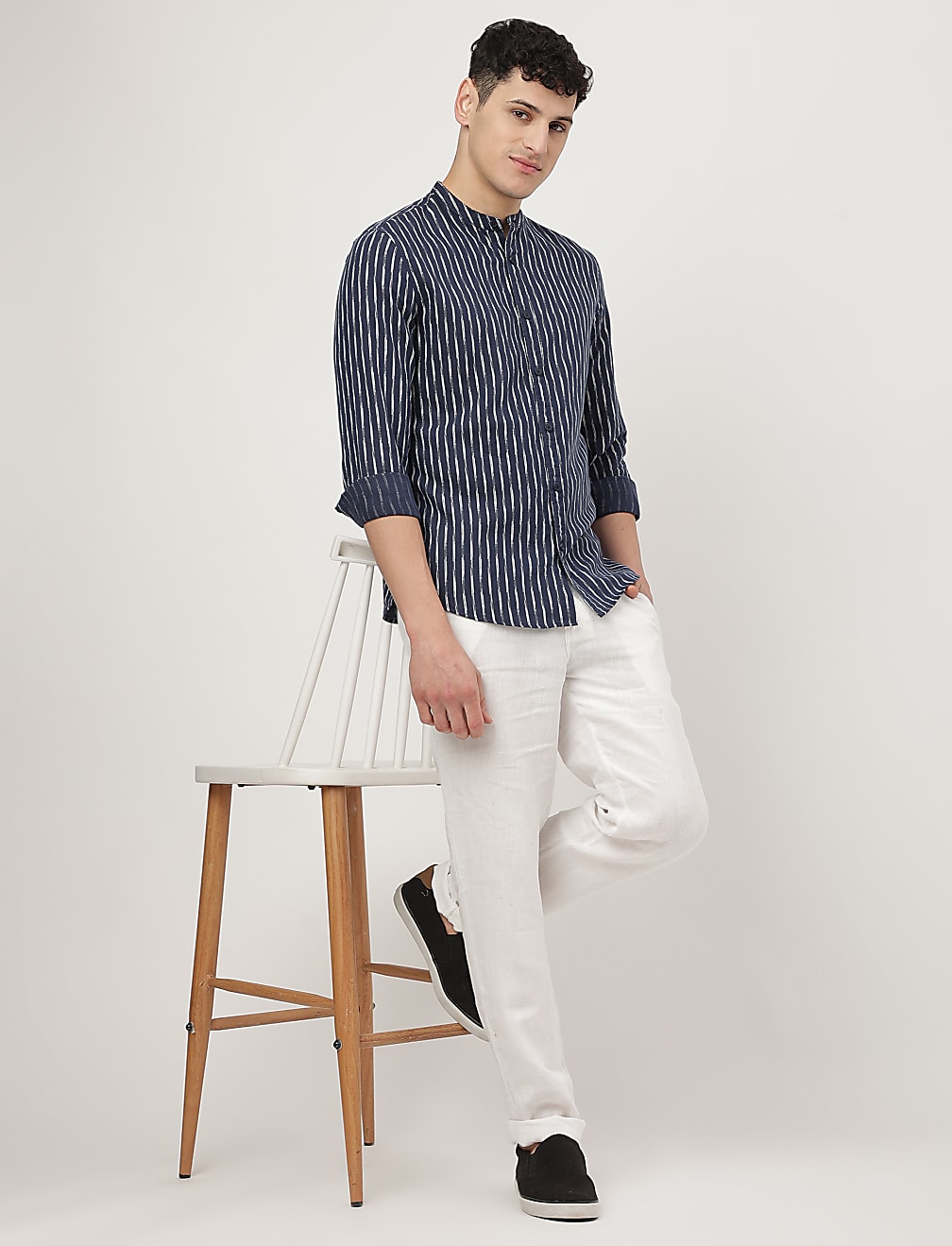 Linen Mix Printed Mandarin Collar Shirt