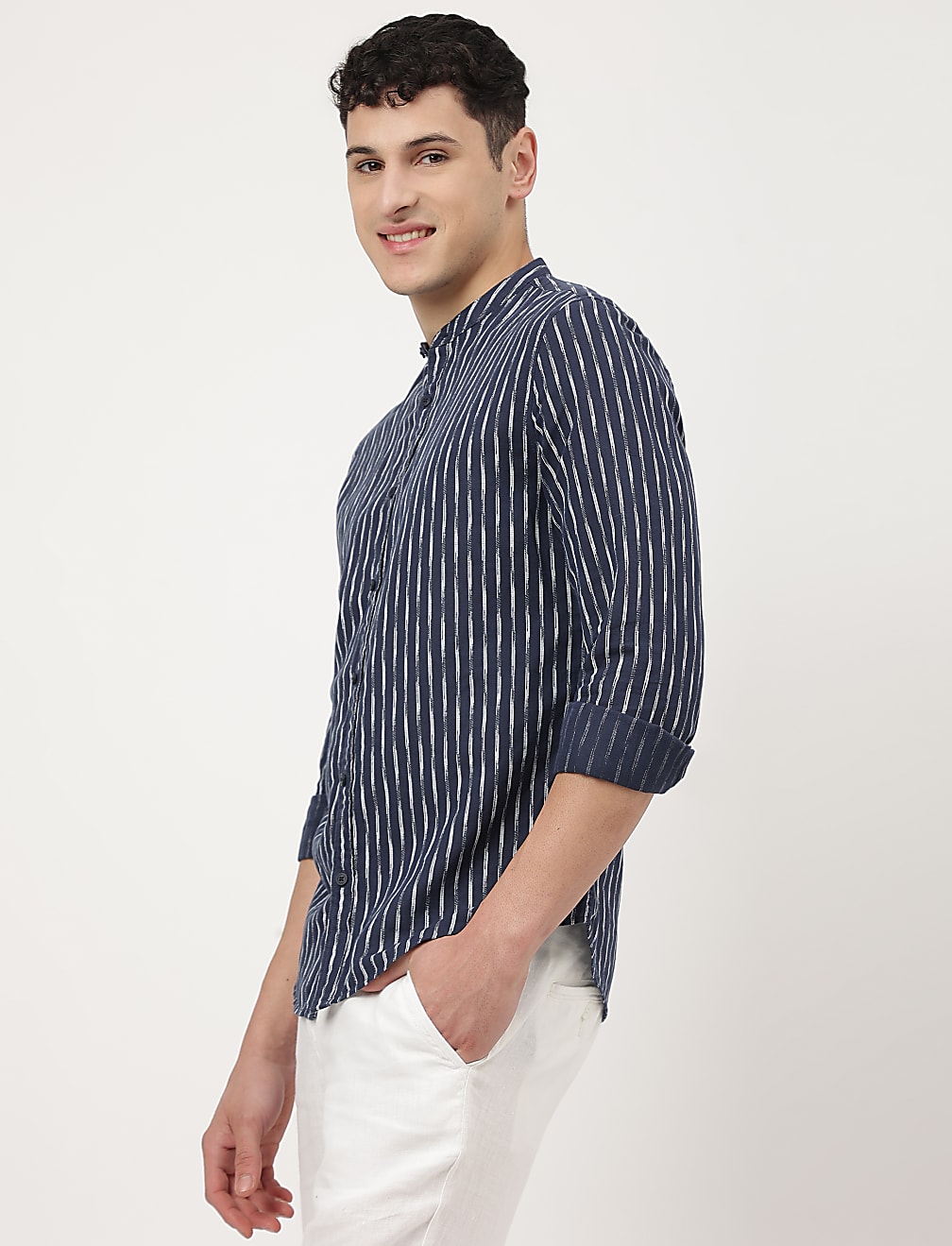 Linen Mix Printed Mandarin Collar Shirt
