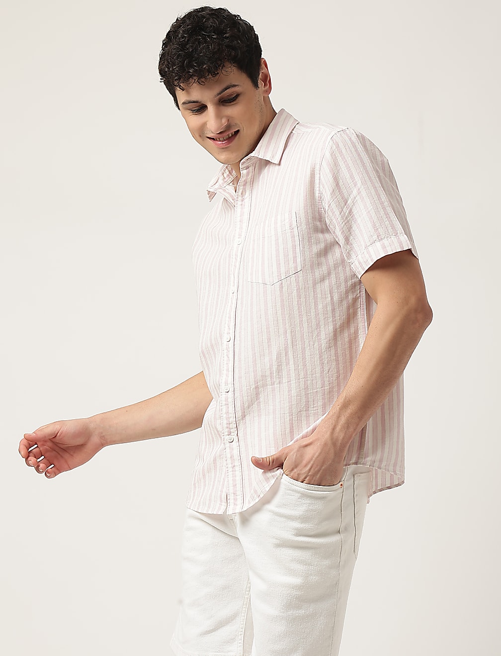 Cotton Mix Striped Spread Collar Shirt