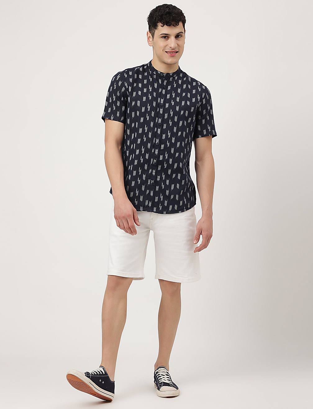 Linen Mix Printed Mandarin Collar Shirt