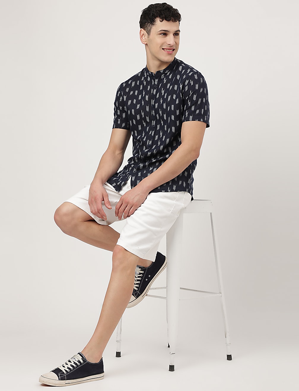 Linen Mix Printed Mandarin Collar Shirt