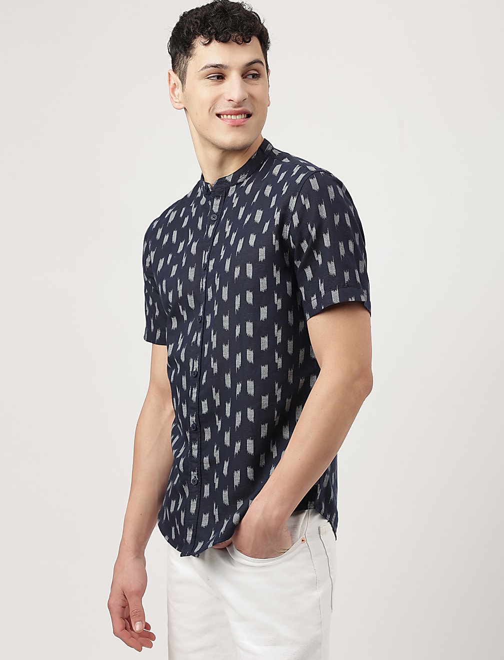 Linen Mix Printed Mandarin Collar Shirt