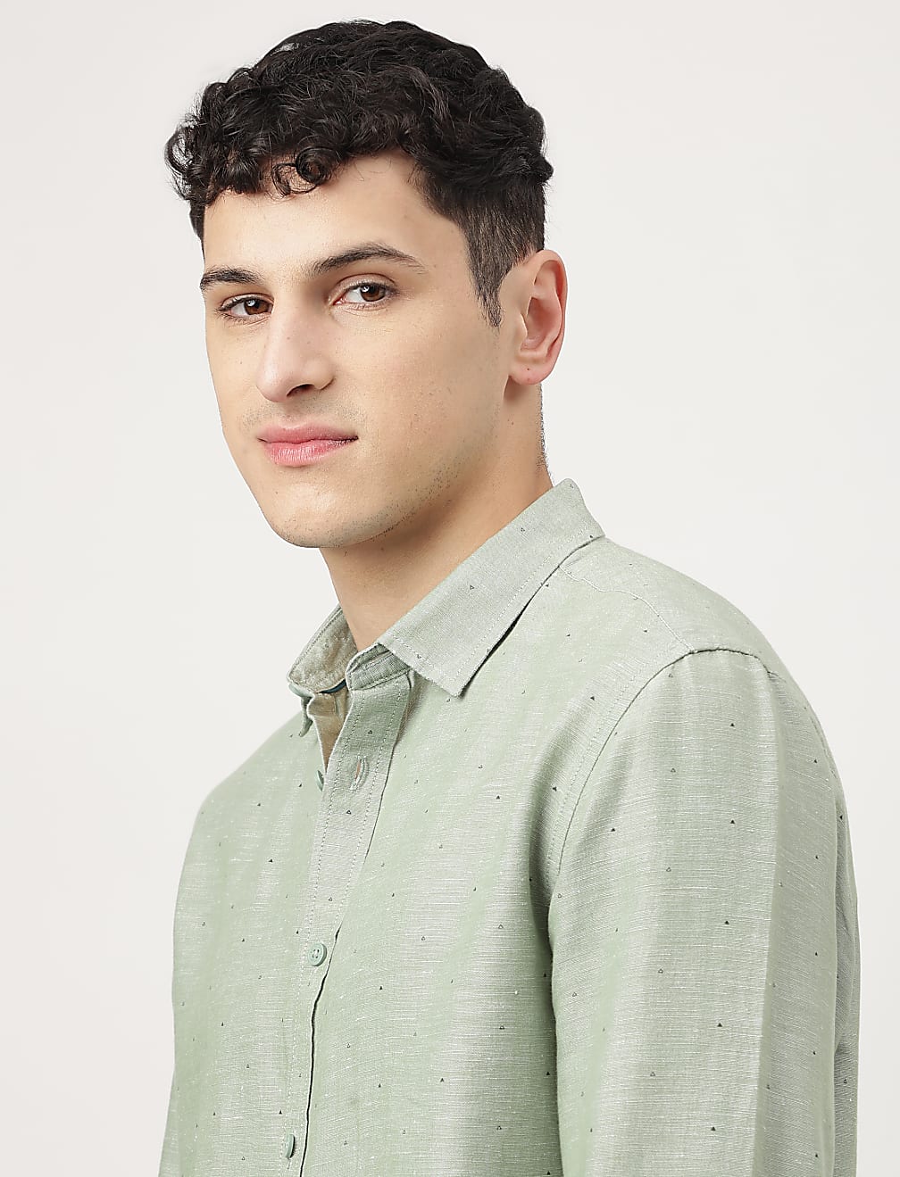 Linen Mix Printed Spread Collar Shirt