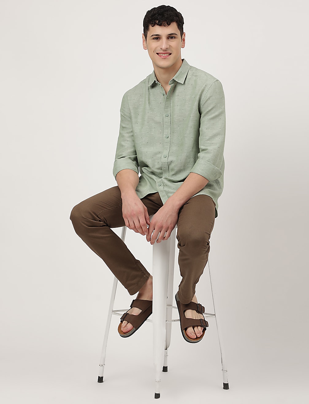 Linen Mix Printed Spread Collar Shirt