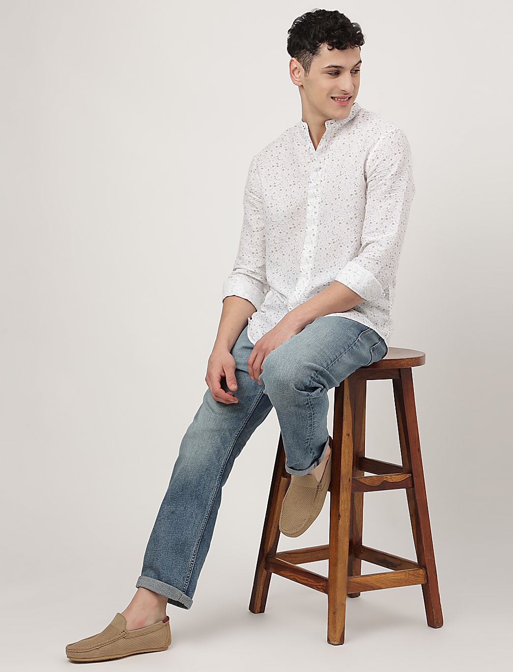 Linen Mix Printed Mandarin Collar Shirt