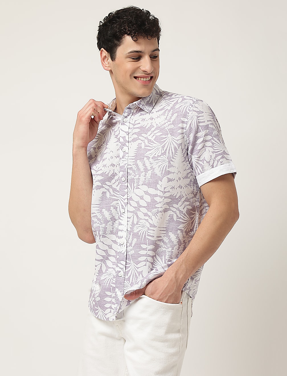 Regular Fit Flax Linen Blend Printed Shirt