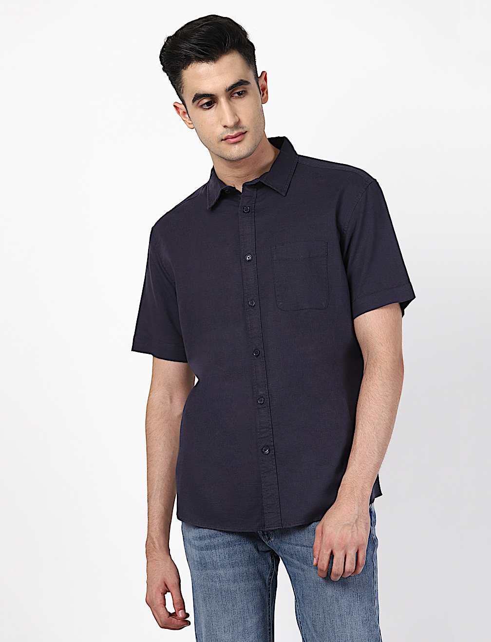Linen Mix Plain Spread Collar Shirts