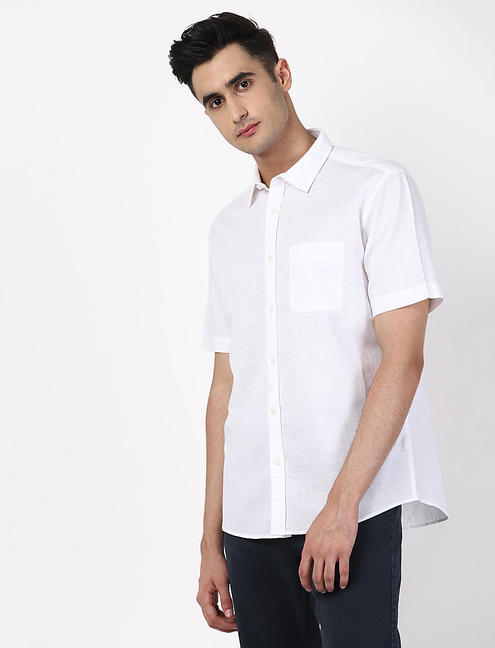 Linen Mix Plain Spread Collar Shirts