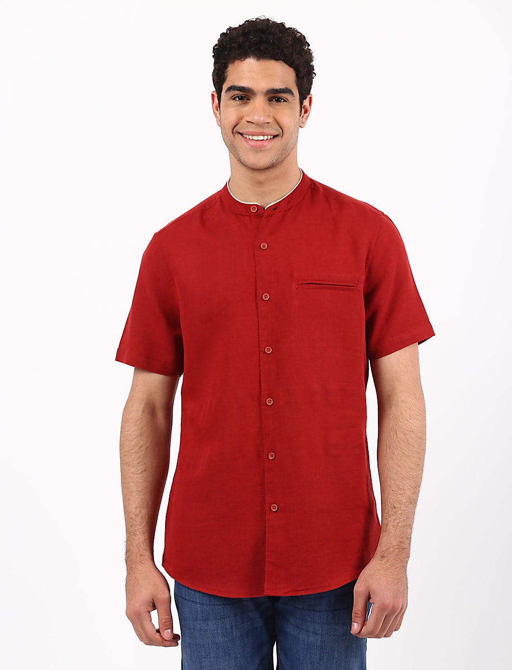 Linen Mix Grandad Collar Solid Shirt