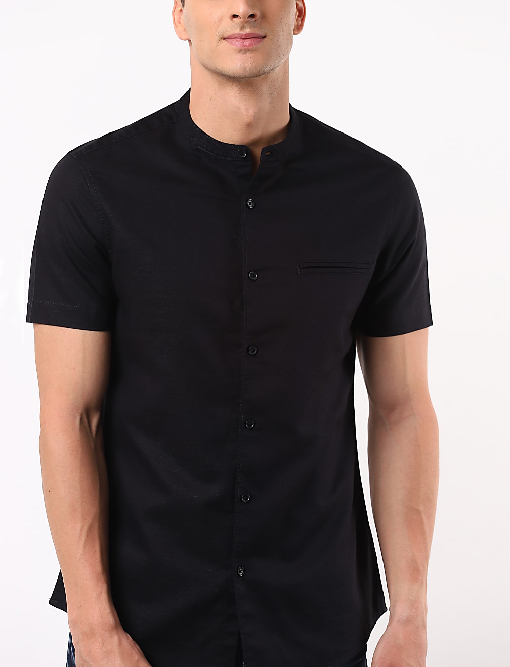 Linen Mix Grandad Collar Solid Shirt