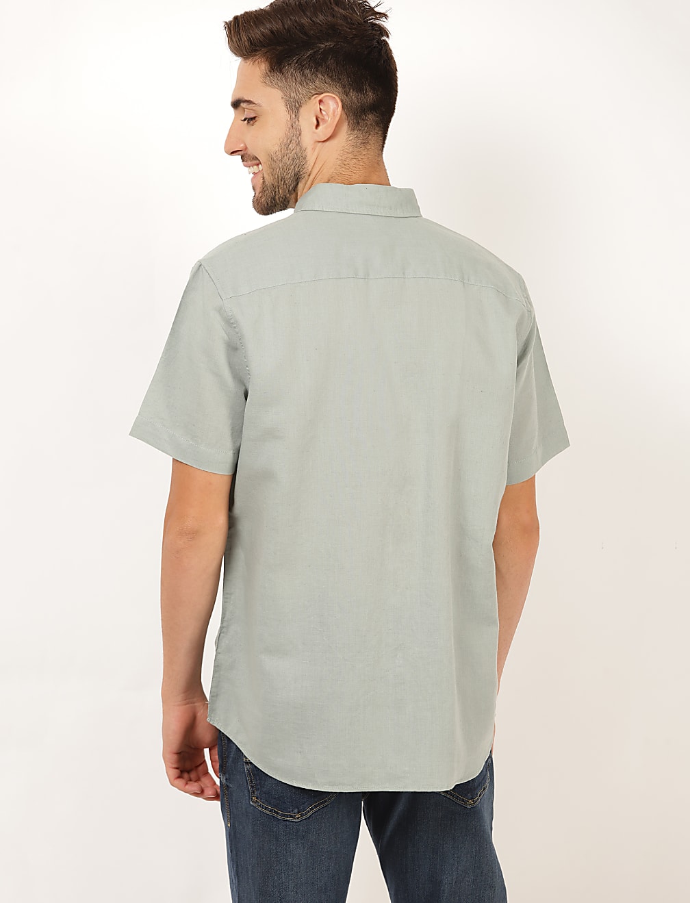 Flax Linen Mix Plain Spread Collar Shirt