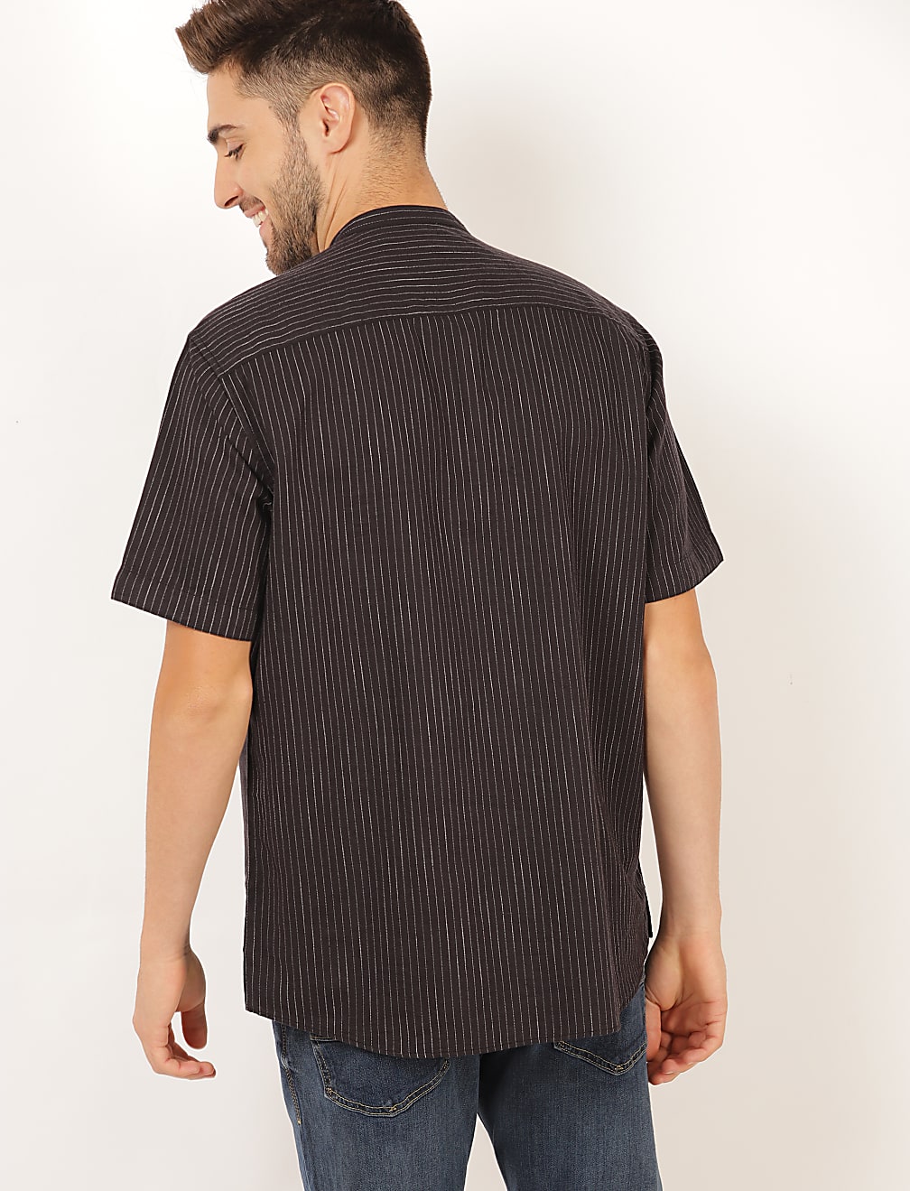 Linen Mix Striped Mandarin Collar Shirt