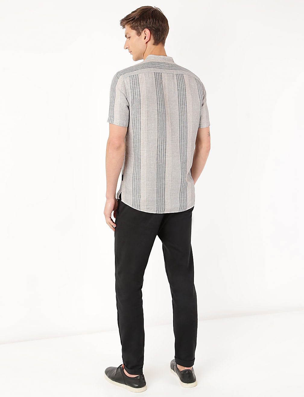 Linen Mix Stripes Mandarin Collar Shirt