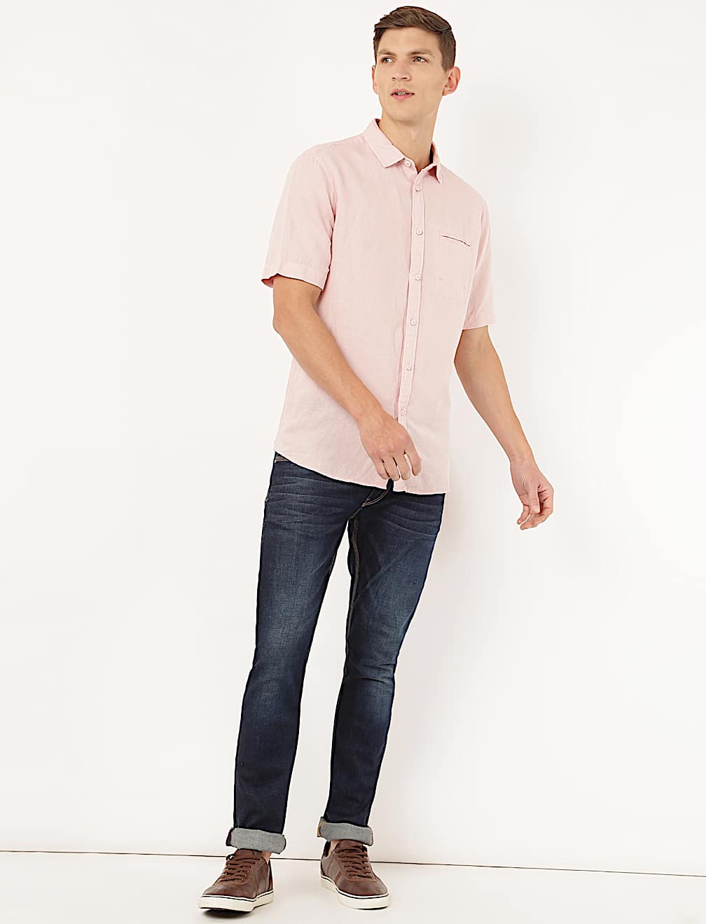 Linen Mix Plain Spread Collar Shirt