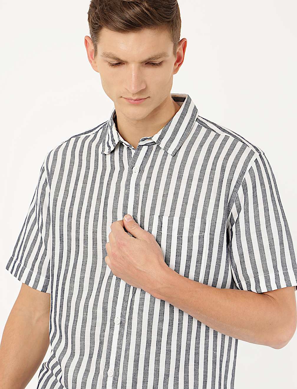 Linen Mix Striped Spread Collar Shirt