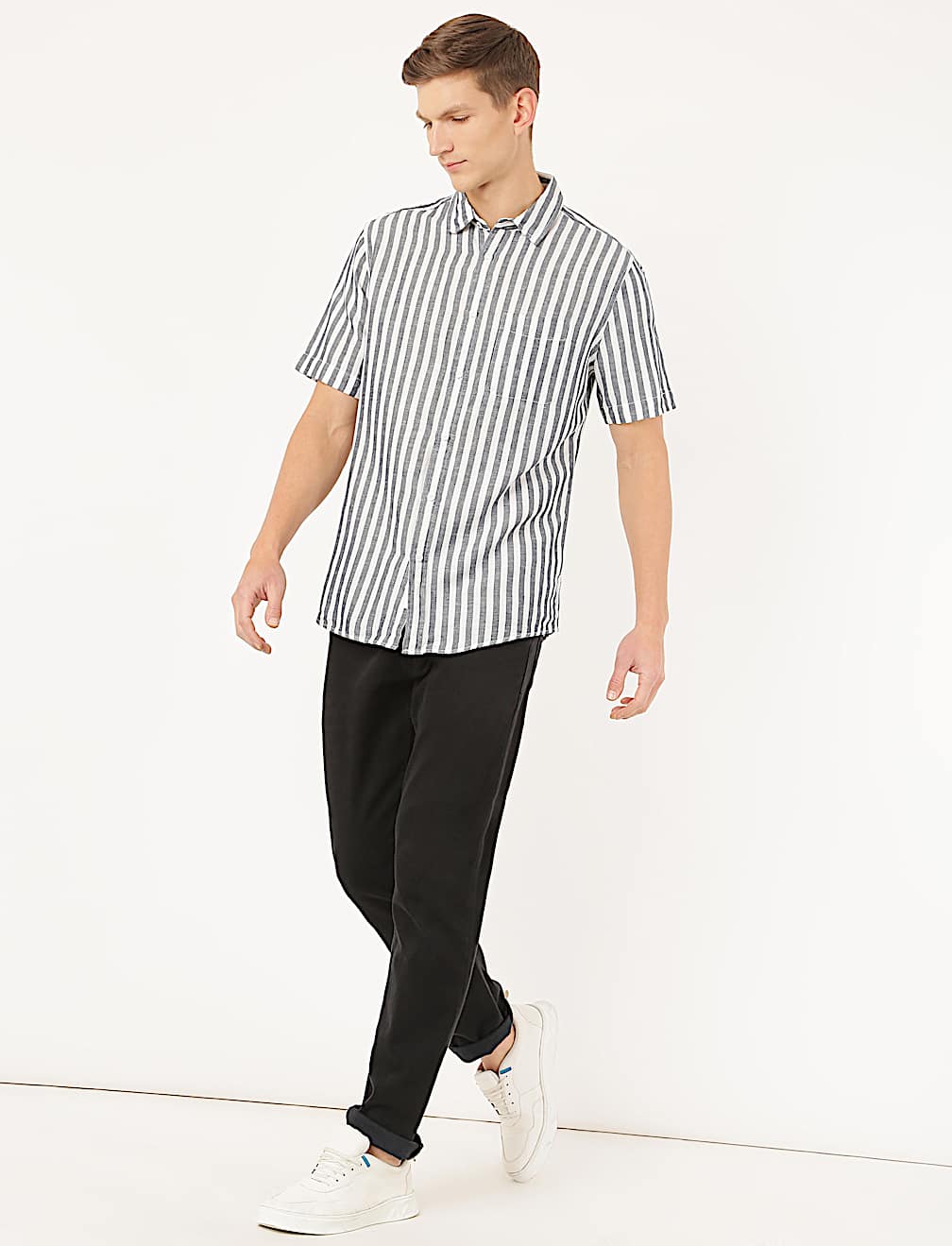 Linen Mix Striped Spread Collar Shirt