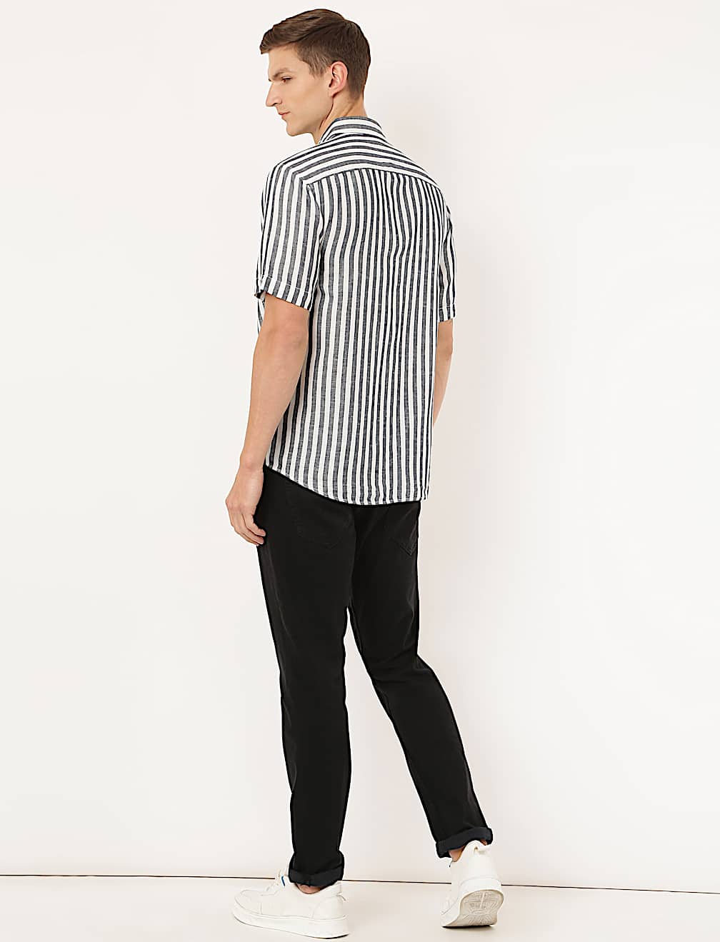 Linen Mix Striped Spread Collar Shirt